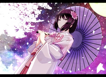 kimono girl - pretty, beautiful, sakura, anime, girl, umbrella, night, petals, moon, kimono, trees