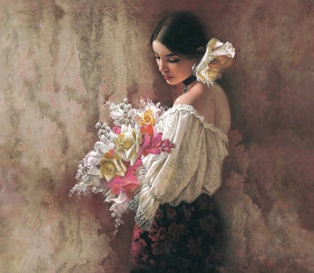 Bouquet of tenderness - woman, painting, flowers, beautiful