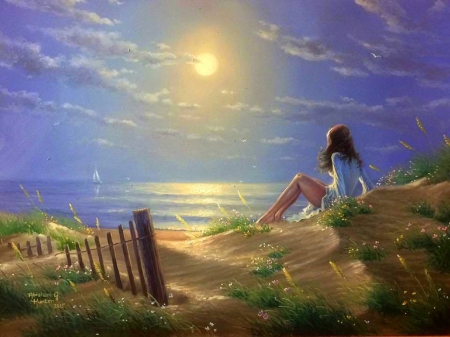 Waiting on the Beach - summer, attractions in dreams, beautiful, paintings, beaches, girl, sea, colors, seaside, cool, moons, shore, nature, sailboat, love four seasons