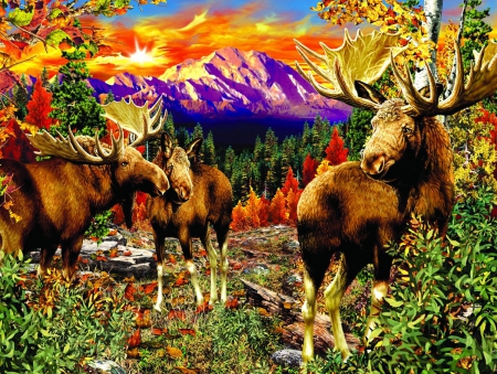 Mountain Glade - glade, sunset, mountain, animals