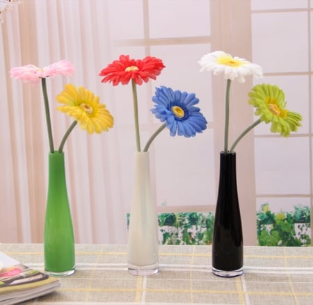 Happy colors at home - daisies, flowers, colorful, arrangements, windows, vases