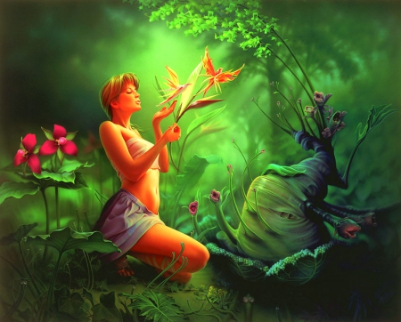 forest fairy - forest, magic, fairy, flowers, fantasy