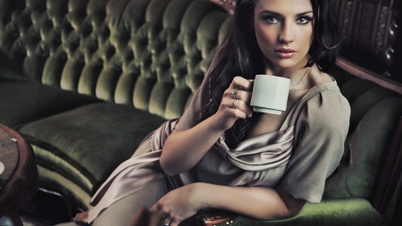 Coffee Lady - beverage, classy, sofa, coffee, class, brown, hair, drink, lady, woman, bench, brunette