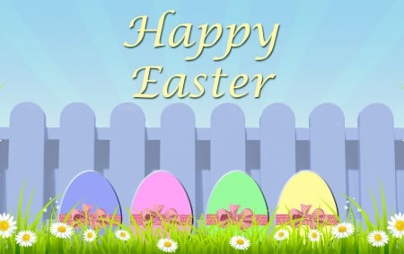 Happy Easter - rays, bows, sky, fence, easter, spring, eggs, flowers, daisies, grass