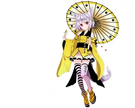 Neko girl - pretty, neko, yellow, kimono, girl, umbrella