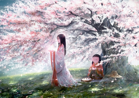 kimono girl - girls, pretty, trees, sakura, funny, kimono, cute