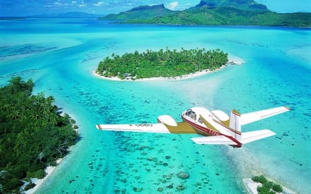 plane flying into atoll - plane, bora bora, atoll, island, tahiti