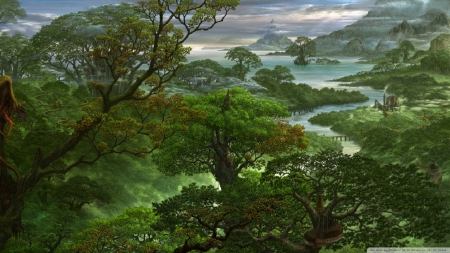 fantasy jungle - river, jungle, ocean, mountain, tree