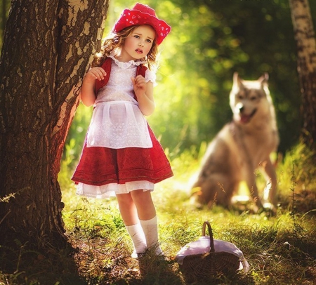 Girl - basket, wolf, forest, girl