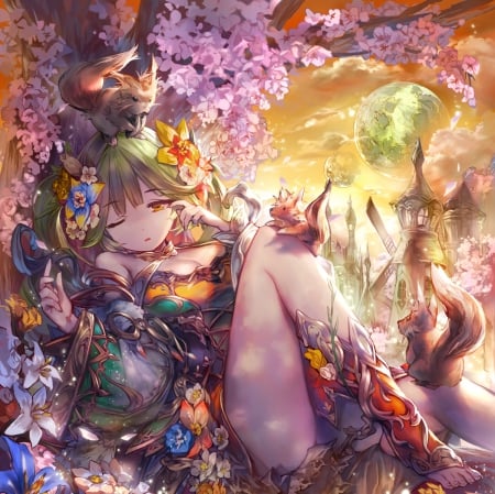 wake - squirrels, pretty, cute, flowers, anime, girl, dawn