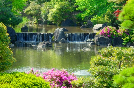 Beautiful garden - trees, cascades, beautiful, spring, forest, blooming, flowers, view, green, garden, park