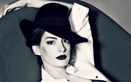 Anne Hathaway - white, woman, actress, girl, hat, anne hathaway, black