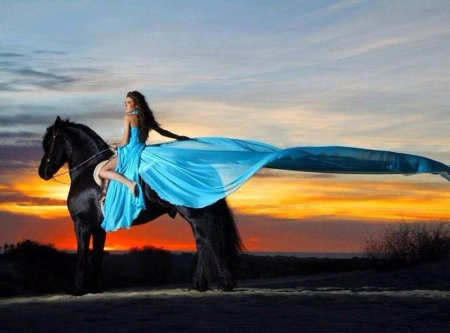 Beautiful - girl, sunset, horse, summer