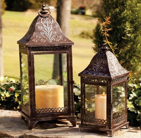 Lanterns in the garden - two, lanterns, vintage, candles, garden, outdoor, lights