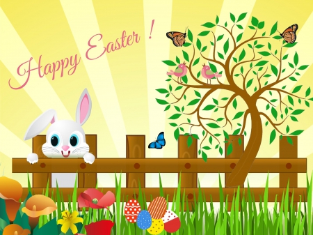 Happy Easter - eggs, rabbit, birds, butterflies, grass, fence, bunny, Easter, leaves, tree, flowers, holiday, rays, Spring, Happy Easter