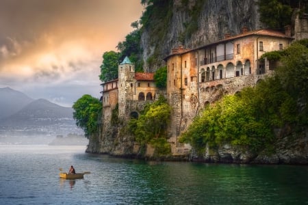 Hermitage Of Santa Catarina At Lake Maggiore - clouds, trees, water, beautiful, boat, ancient, mist, Italy, cliffs, hermitage, lake, monastery