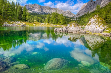 Rocks - forest and lake - landscape, lake, forest, Rocks, stones