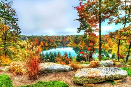 AUTUMN LAKE - trees, falls, splendor, landscape, enchanitng nature, forest, stones, nature, autumn, lake, forces of nature, sky