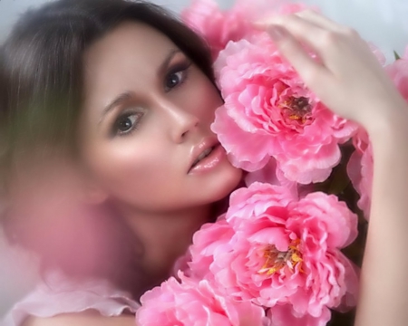 Pretty Face - flowers, face, pink, woman