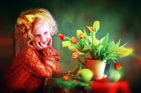 Waiting for Easter - apple, child, tulips, bouquet, table, girl