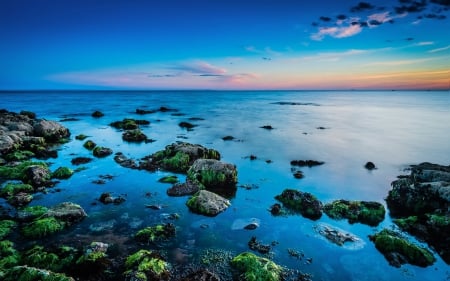 Blue Beach - oceans, nature, blue, beaches, sea, rocks, sky