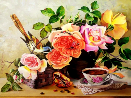 Generous blooming - fragrance, roses, time, still life, painting, art, pretty, scent, harmony, coffee, tea, lovely, vase, bird, beautiful, leaves, flowers