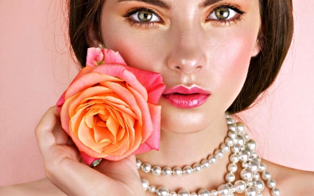 Beauty - pearls, girl, beauty, pink, orange, make-up, woman, model, rose, femeie, face