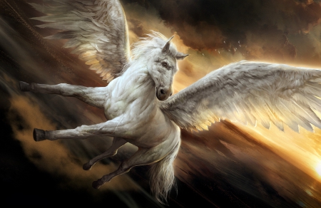 Pegasus - wings, fantasy, white, art, horse, therafa, feather, orange, pegasus, monstrous