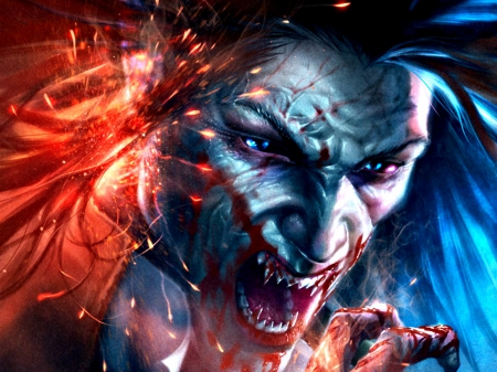 Burning vampire - red, federicomusetti, fang, blue, art, fire, fantasy, vampire, man