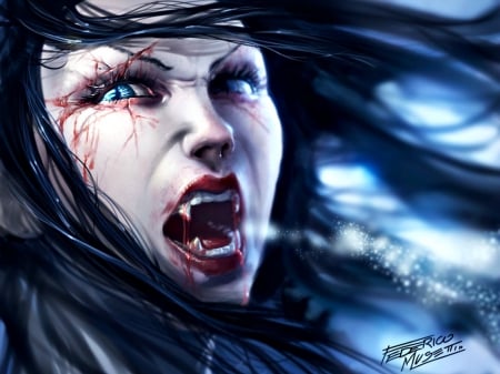 Vampire - blood, blue, girl, fang, vampire, fantasy, brunette, art, federicomusetti