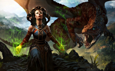 Ruthless instincts - woman, girl, magical, wings, fantasy, horns, witch, sorceress, art, game, lasahido, dragon, green