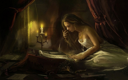 Reading Girl - book, digital, beautiful, girl, art, candle, serene, fantasy, reading, woman