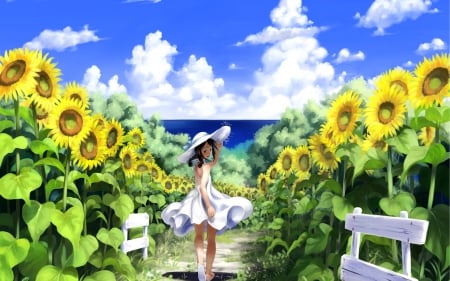 Girl in Sunflowers Field - sunflower, anime, anime girl, sunflower field