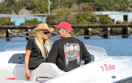 Cowgirl On Board - style, girls, western, women, models, hats, cowgirls, fun, female, boats, blondes, fashion