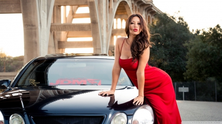 Girl and Car - red, pretty, car, model, sexy, brunette, girl