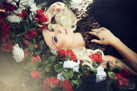 Bed of Roses - flowers, rises, lady, model