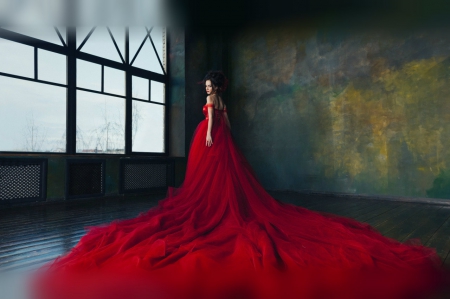 Lady in Red - gown, woman, girl, room, long dress