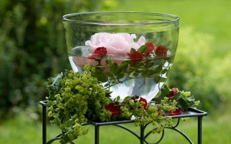 Floating Arrangement - leaves, flowers, glass, float