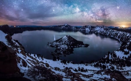 Milkey Way over Crater Lake - fun, nature, stars, lake, cool, space