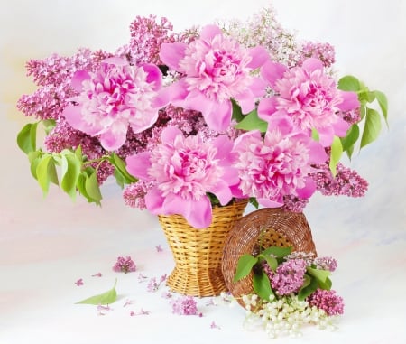 Spring Still Life - lilacs, peonies, lily of the valley, flowers, basket, still life, spring, vase