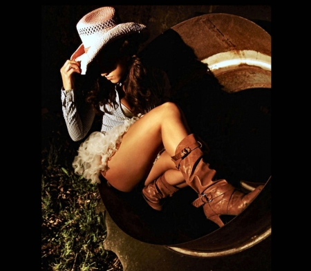 Cowgirl In A Barrel - girls, women, barrel, style, fun, models, female, fashion, cowgirls, boots, hats, brunettes, western, ranch