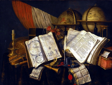 Music and Poetry - holland, globe, artwork, violin, books, still life, instruments, vintage, flag