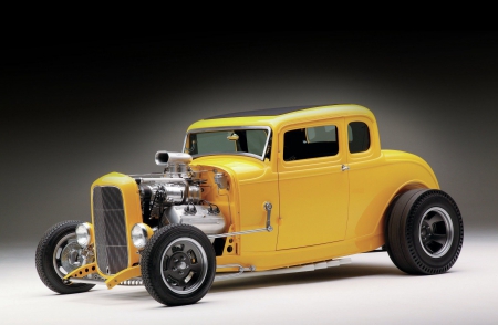 1932-Ford-Five-Window-Coupe - classic, ol skool, yellow, hotrod