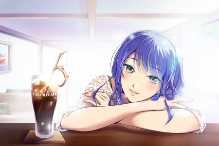 Anime girl - face, blue hair, girl, pretty, restaurat, anime, beaty, happy