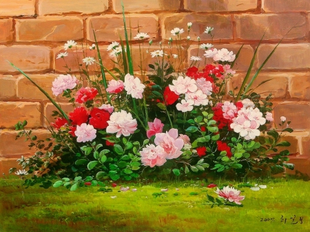 Spring flowers - freshness, colorful, spring, painting, art, pretty, beautiful, flowers, grass