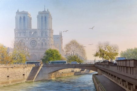 Ile de Notre Dame at Misty Morning - river, paris, birds, france, church, cars trees, bridge