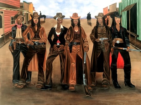 Sistas' With Guns - women, fun, female, chaps, town, boots, guns, hats, fashion, models, brunettes, western, girls, cowgirls, style, art