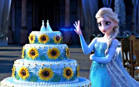 Frozen Fever (2015) - yellow, blue, frozen fever, girl, snow queen, fantasy, sunflower, movie, princess, cake, elsa, disney