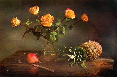 Orange Roses - orange, still life, rose, ananas