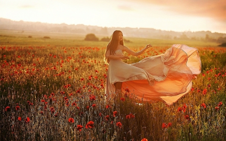 Beautiful Dress - flowers, fields, girl, pretty